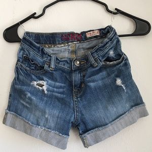 Distressed dark wash jean shorts